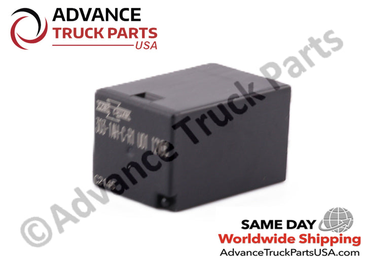 Advance Truck Parts USA branded studio top left angled perspective of the heavy-duty 12V micro relay highlighting the manufacturer logo on the black housing