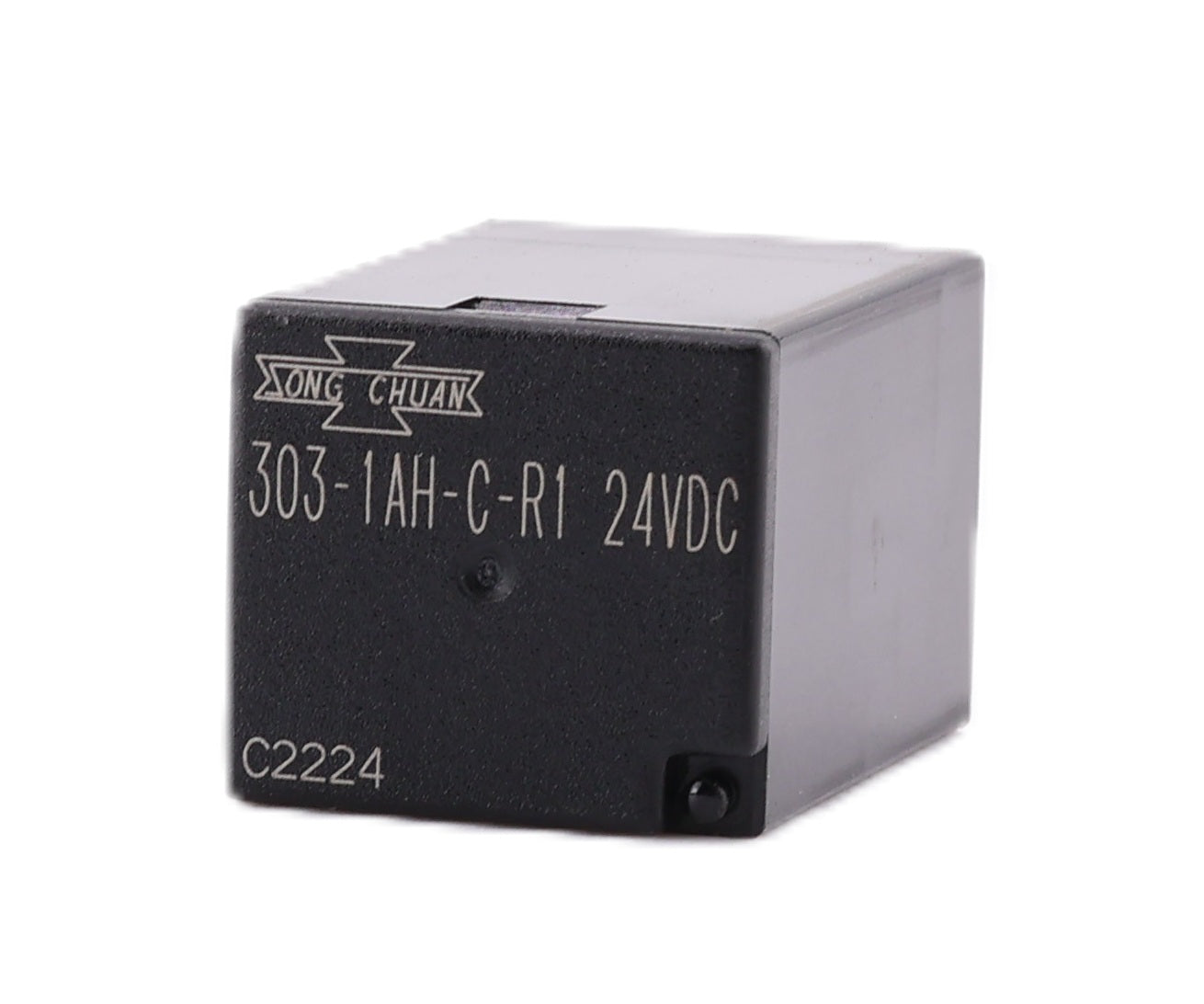 Advance Truck Parts USA Song Chuan 303-1AH-C-R1 24VDC SPST automotive micro relay showing a close up of the black housing with printed specifications on a plain background