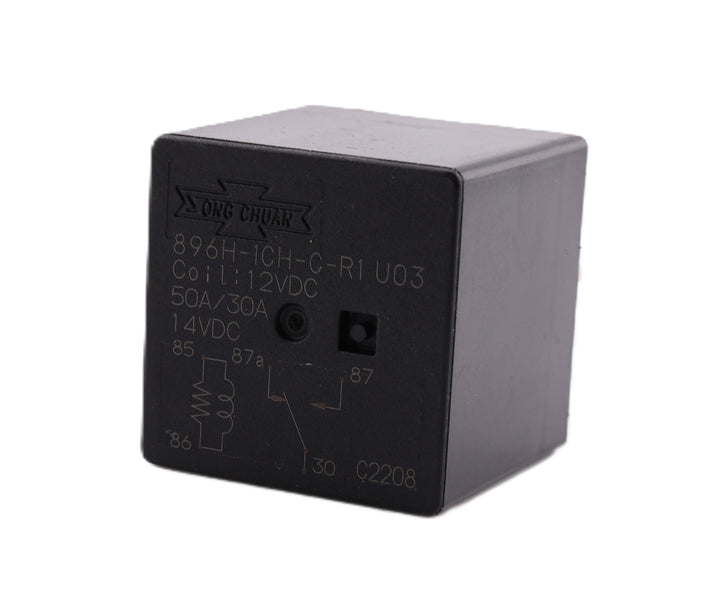 Advance Truck Parts USA Song Chuan 896H-1CH-C-R1-U03 12VDC 50A micro relay showing a close up of the black housing with printed specifications and wiring schematic on a plain background