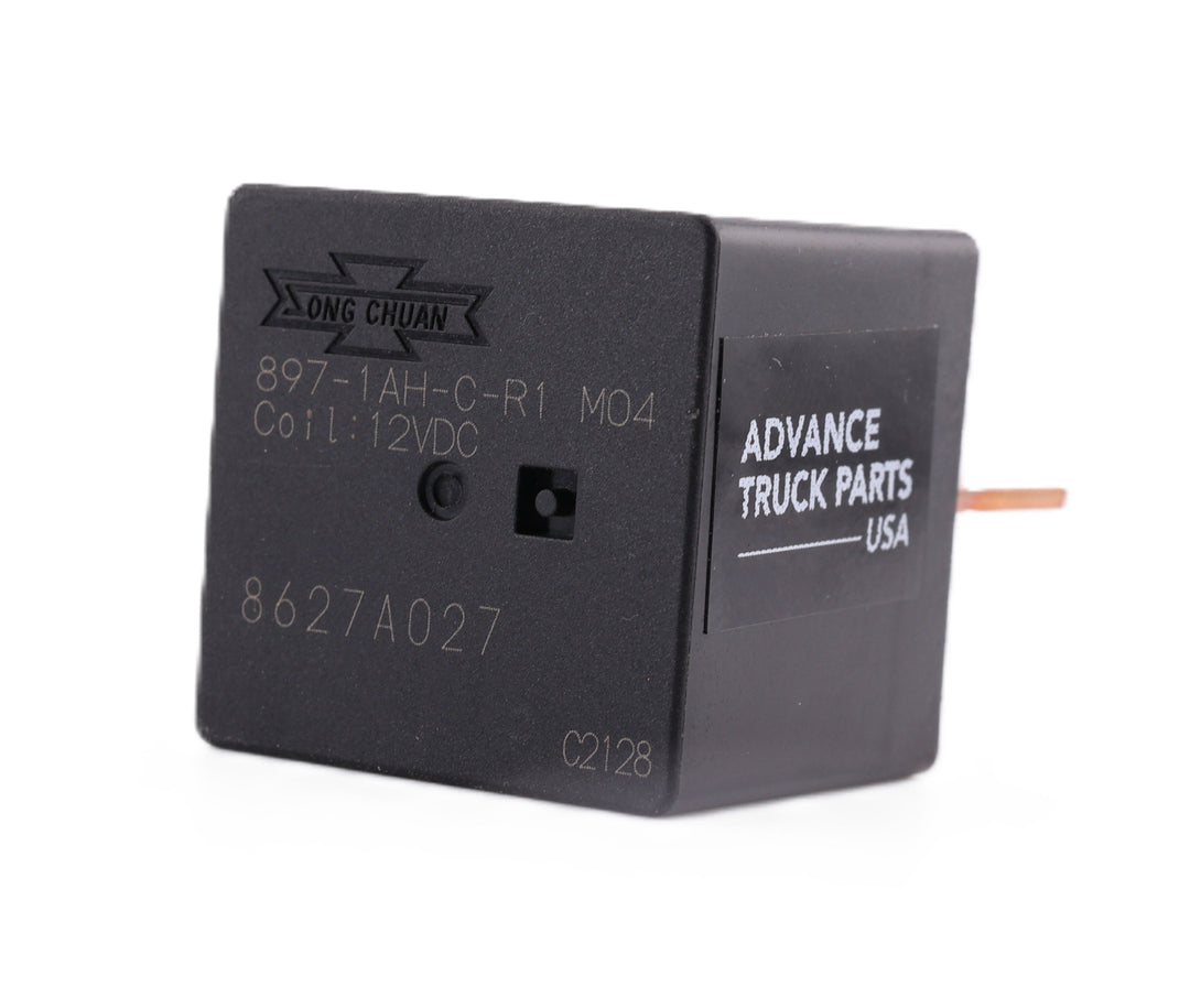 Advance Truck Parts USA Song Chuan 897-1AH-C-R1 M04 12VDC 70A heavy-duty relay showing a close up of the black housing with printed specifications and an Advance Truck Parts side label on a plain white background
