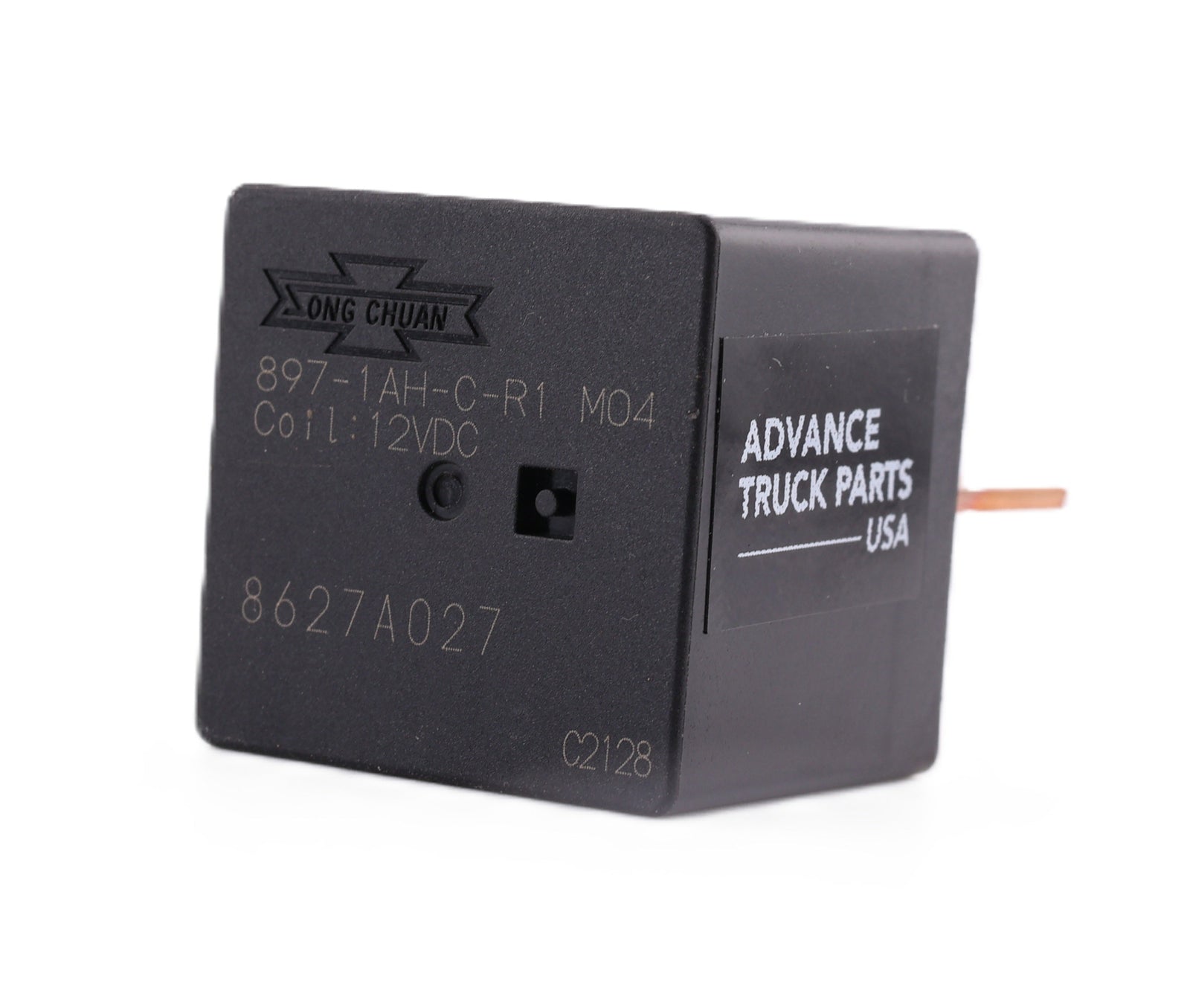 Advance Truck Parts USA Song Chuan 897-1AH-C-R1 M04 12VDC 70A heavy-duty relay showing a close up of the black housing with printed specifications and an Advance Truck Parts side label on a plain white background