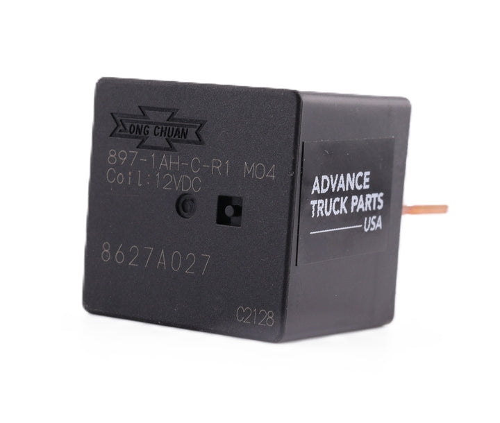 Advance Truck Parts USA Song Chuan 897-1AH-C-R1 M04 12VDC 70A heavy-duty relay showing a close up of the black housing with printed specifications and an Advance Truck Parts side label on a plain white background