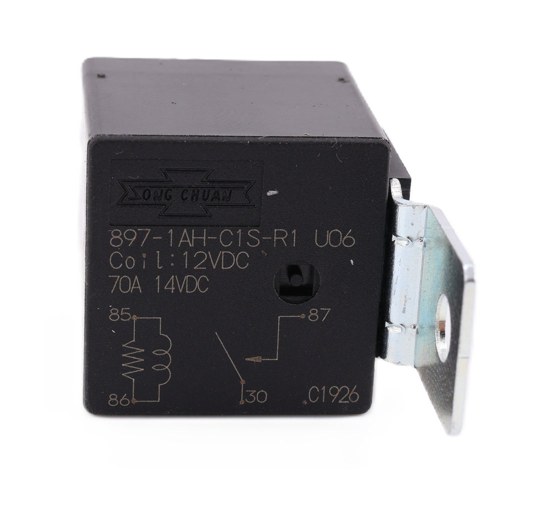 Advance Truck Parts USA Song Chuan 897-1AH-C1S-R1-U06 12VDC 70A automotive relay showing a close up of the black housing with an attached metal mounting bracket, printed specifications, and wiring schematic on a plain background