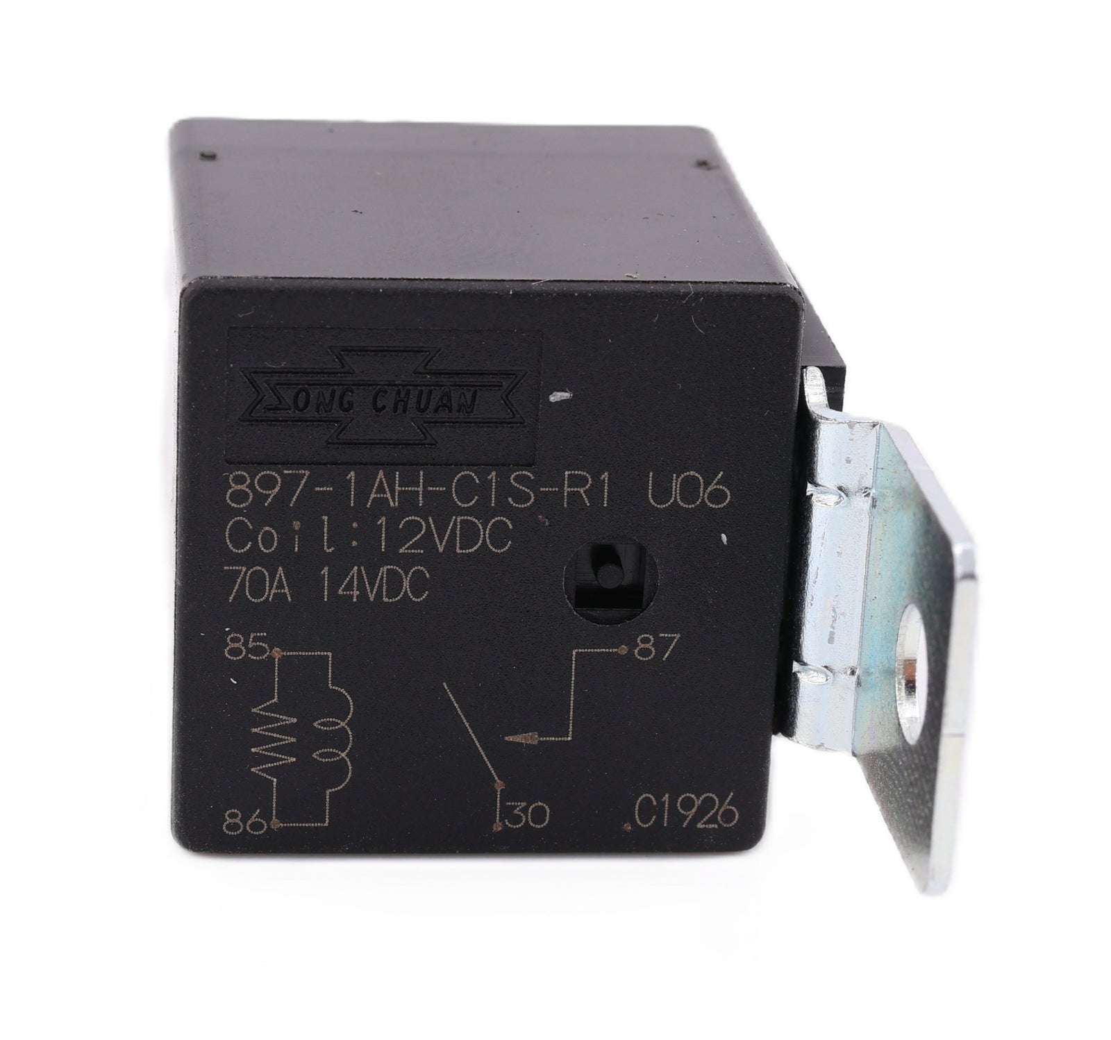 Advance Truck Parts USA Song Chuan 897-1AH-C1S-R1-U06 12VDC 70A automotive relay showing a close up of the black housing with an attached metal mounting bracket, printed specifications, and wiring schematic on a plain background