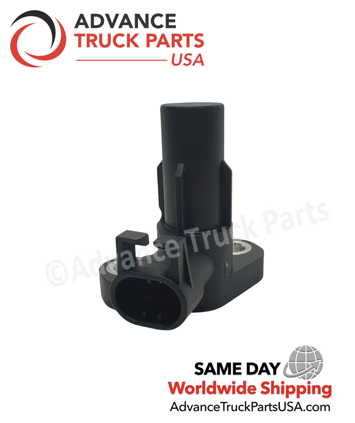 Advance Truck Parts USA 29543433 Allison transmission speed sensor showing a close-up studio view focusing on the 2-pin electrical connector socket and locking clip 