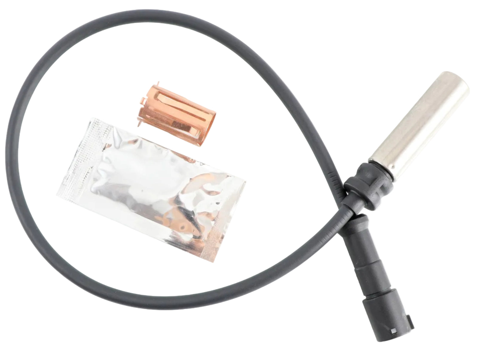 Advance Truck Parts USA AL1027196 straight ABS sensor kit with 20-inch cable, dielectric grease, and mounting clip on a plain background