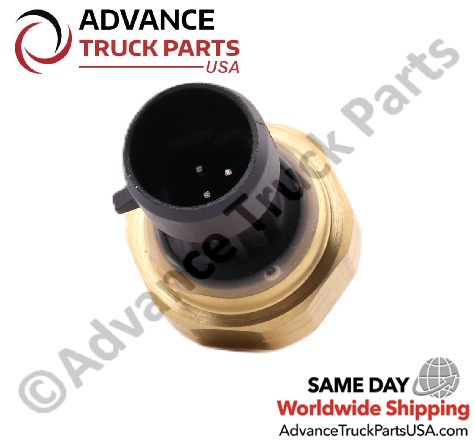 Advance Truck Parts USA branded studio top view highlighting the internal terminal pins of the Cummins turbo boost sensor