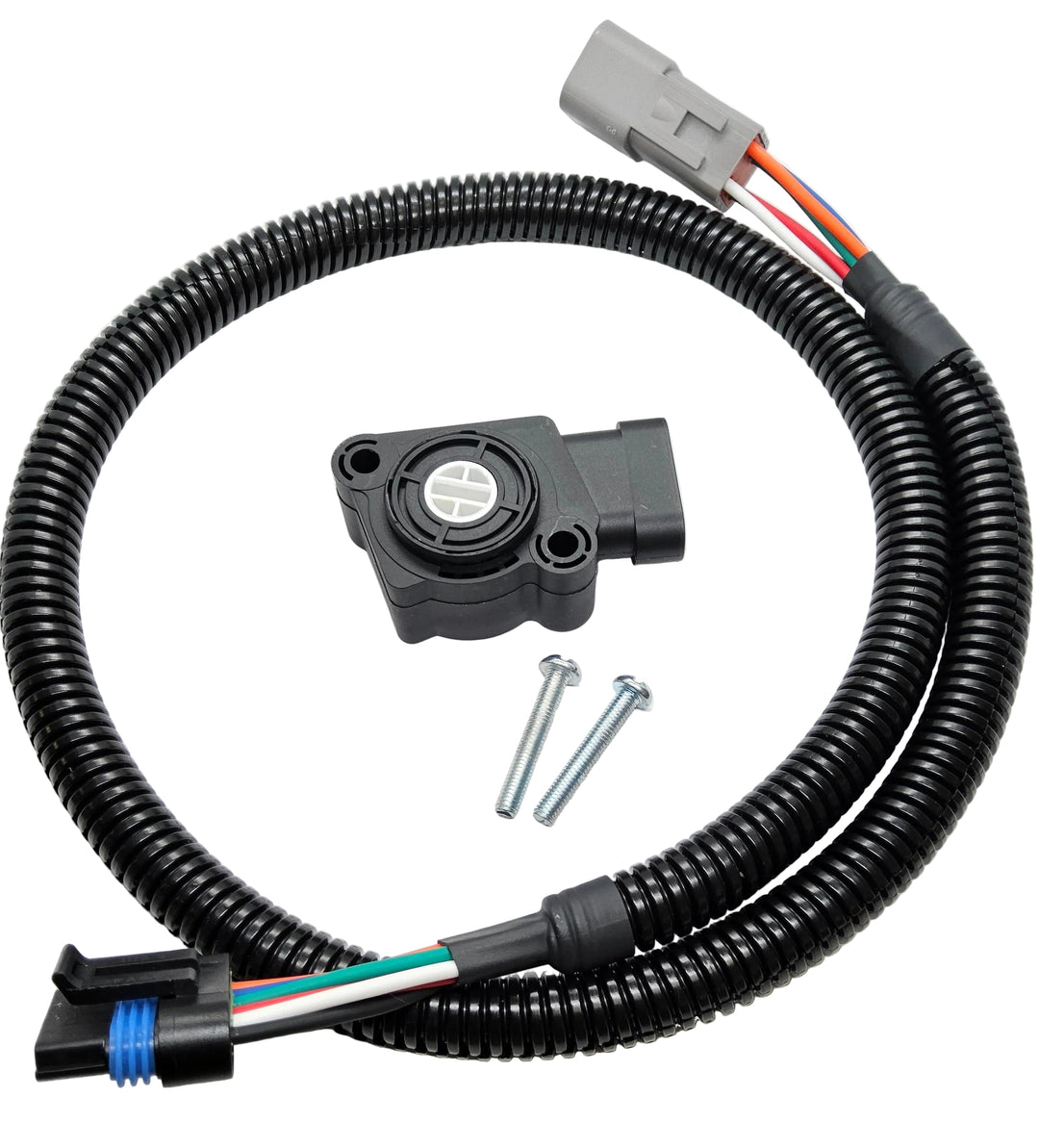 Advance Truck Parts USA 134168 throttle position sensor kit including sensor, USA-assembled wire harness, and mounting screws on a plain background