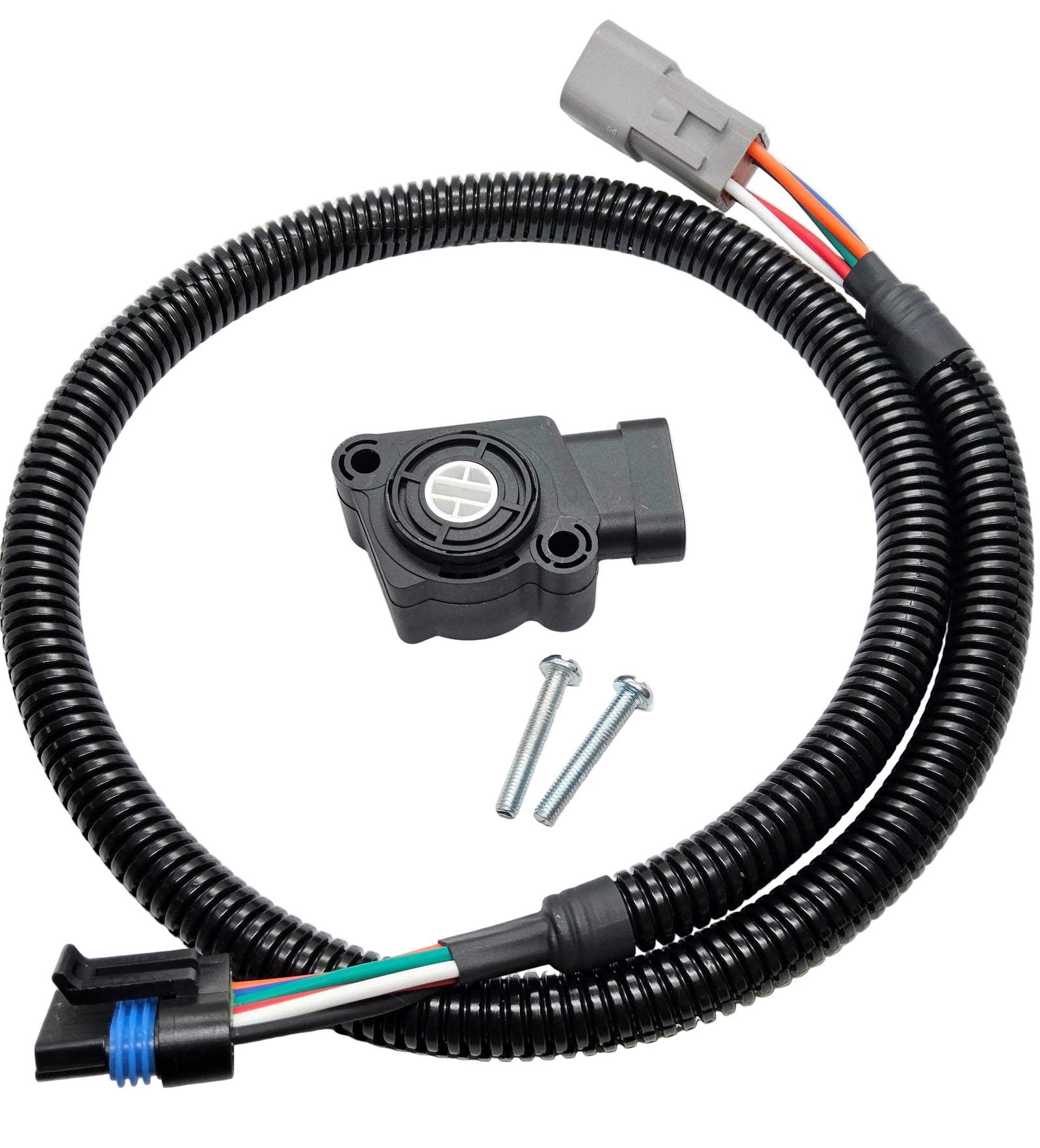Advance Truck Parts USA 134168 throttle position sensor kit including sensor, USA-assembled wire harness, and mounting screws on a plain background