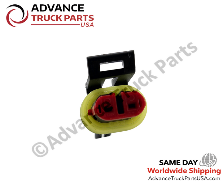 Advance Truck Parts USA 2-pin relay pigtail connector displaying a close-up studio perspective of the terminal openings, locking tab, and weather seal 