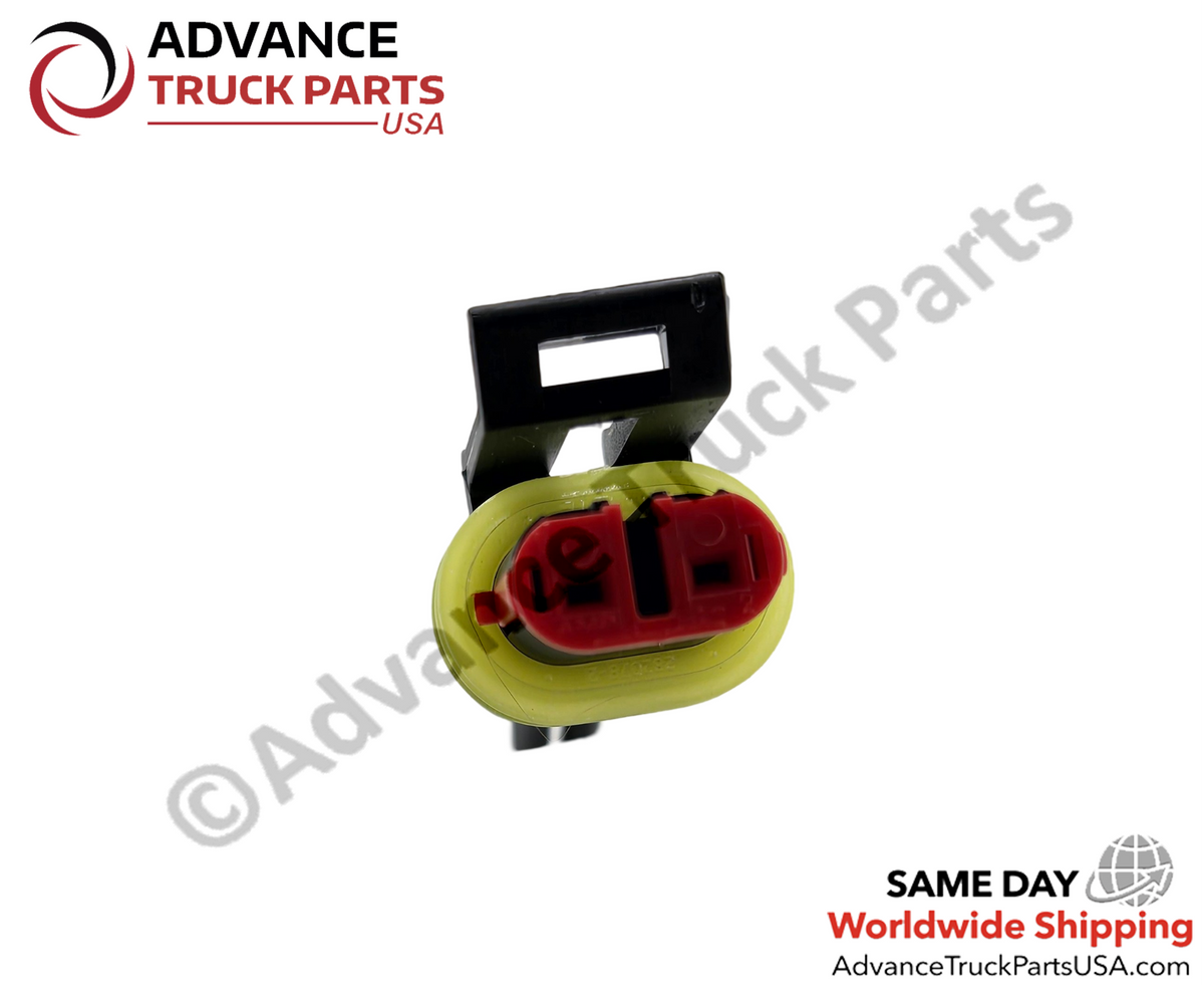 Advance Truck Parts USA 2-pin relay pigtail connector showing a close-up of the red terminal face, yellow weather seal, and black locking clip