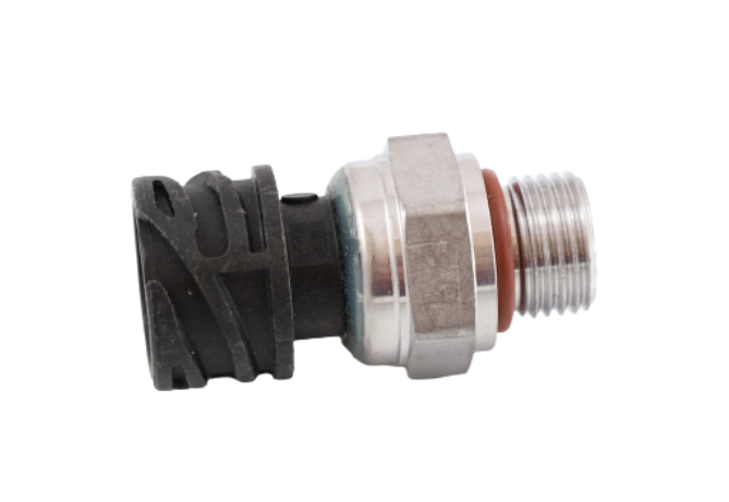 Advance Truck Parts USA 21302639 pressure sensor showing a clean studio view of the threaded metal base, O-ring seal, and black connector housing 