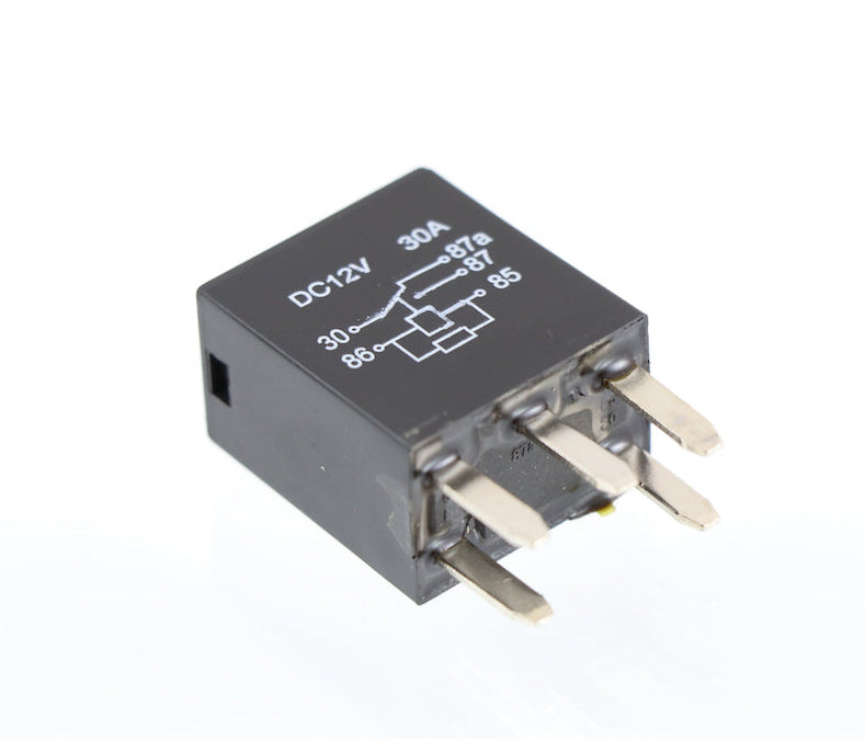 Advance Truck Parts USA heavy duty 5-pole 12V 30A mini relay showing top circuit schematic diagram and 5 brass terminal blades