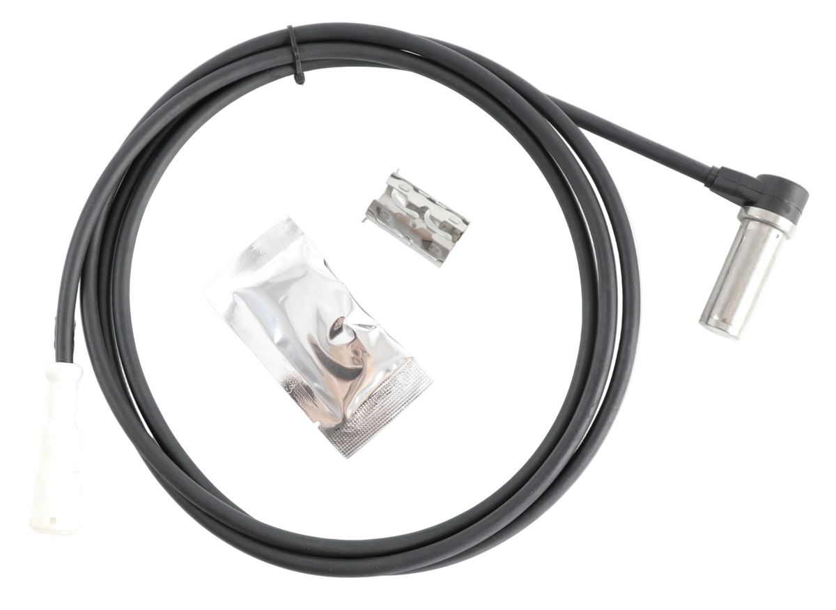 Advance Truck Parts USA Bendix 801538 right-angle anti-lock brake system wheel speed sensor kit featuring 76-inch wire loop, 90-degree metal probe, metal retaining clip, and dielectric grease packet