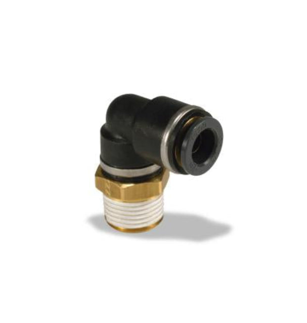 Advance Truck Parts USA 90 degree male swivel elbow 1/4 by 3/8 showing a clean studio view of the push-to-connect fitting, threaded brass base with thread sealant, and black elbow body on a plain white background