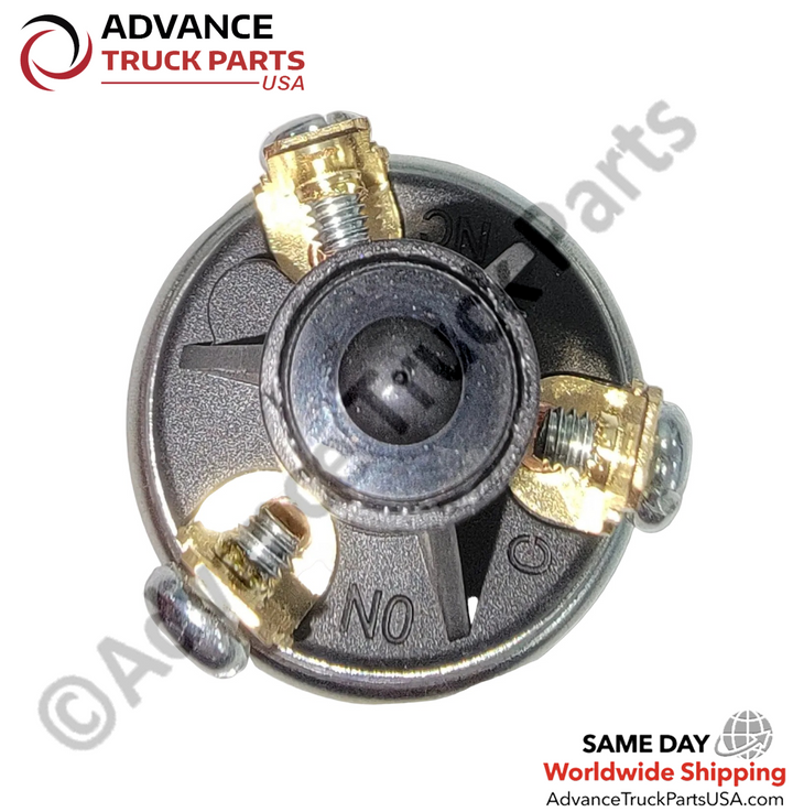 Advance Truck Parts USA air brake pressure switch showing a top-down studio perspective of the NO and NC terminal markings on a branded background