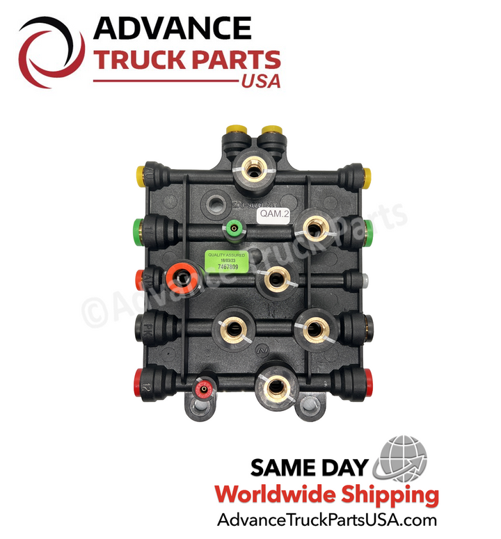 Advance Truck Parts USA Freightliner air manifold junction box showing a top-down layout of the multi-port configuration and identification sticker