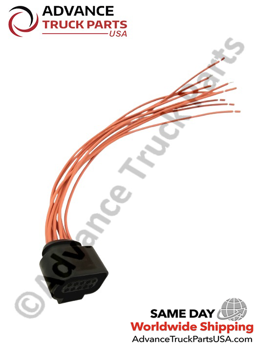 Advance Truck Parts USA 10-pin female pigtail connector showing a studio perspective of the 9-inch orange wire leads extending from the connector body on a branded background