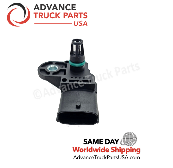 Advance Truck Parts USA boost pressure sensor displaying an angled studio perspective of the terminal connector and sensor port on a branded background