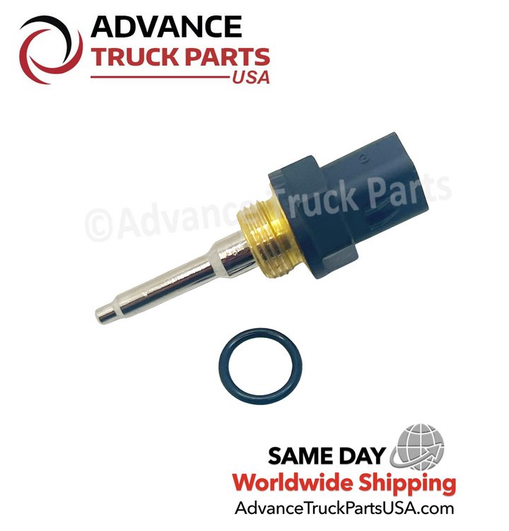 Advance Truck Parts USA Caterpillar temperature sensor showing a studio view of the sensor assembly alongside the included O-ring seal 