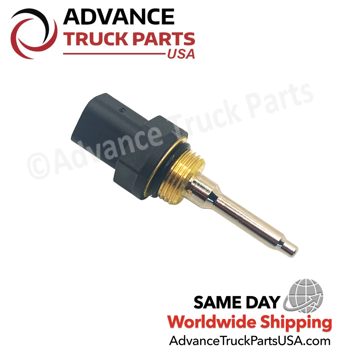 Advance Truck Parts USA Caterpillar temperature sensor displaying an angled studio perspective of the threaded metal base and extended probe on a branded background