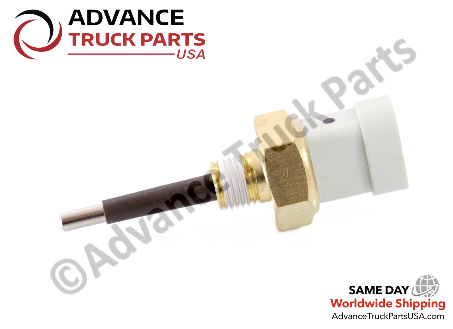 Advance Truck Parts USA Freightliner low coolant sensor displaying a horizontal side profile studio view on a branded background
