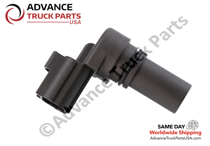 Advance Truck Parts USA Navistar crankshaft position sensor displaying an angled studio perspective of the cylindrical probe barrel on a branded background