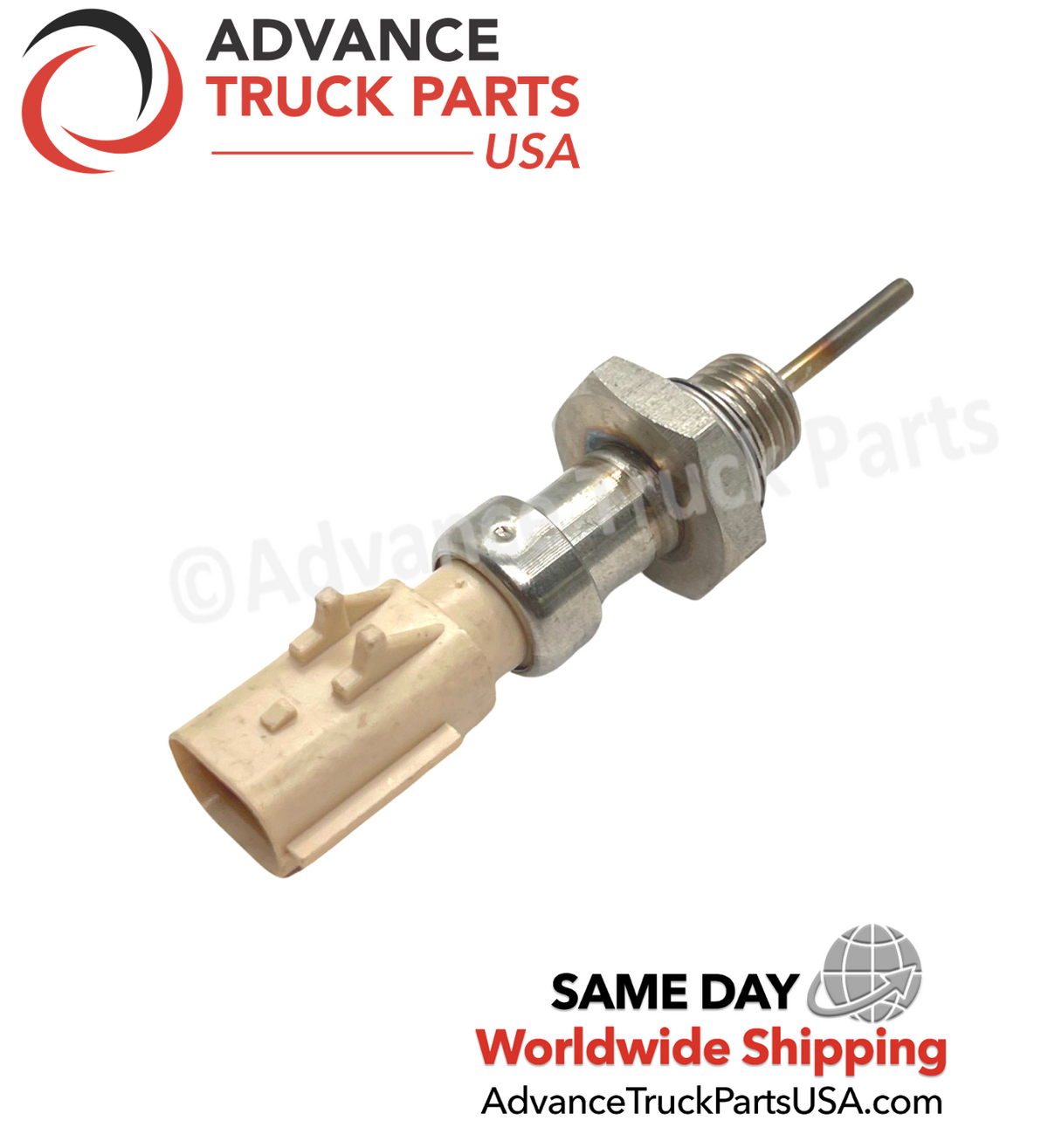 Advance Truck Parts USA genuine Cummins EGR temperature sensor displaying an angled studio view of the full sensor body and probe