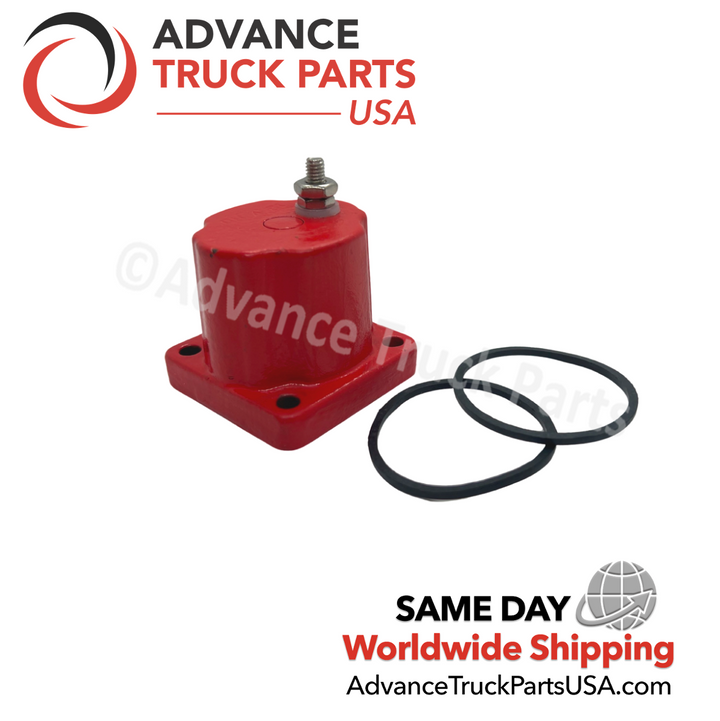 Advance Truck Parts USA Cummins fuel stop solenoid valve showing a studio view focusing on the single electrical terminal post and red housing