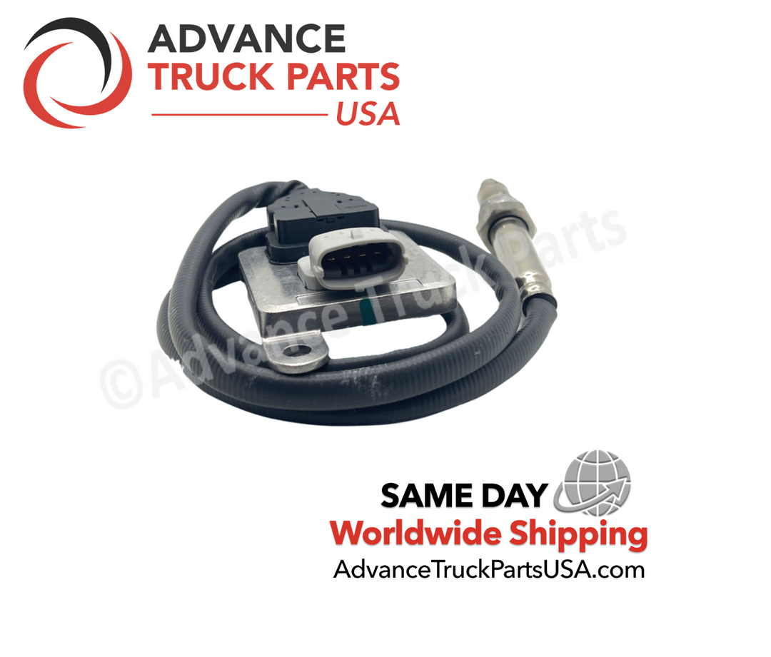 Advance Truck Parts USA 3687334 Cummins nitrogen oxide sensor showing a close-up studio perspective of the control module and coiled wire harness