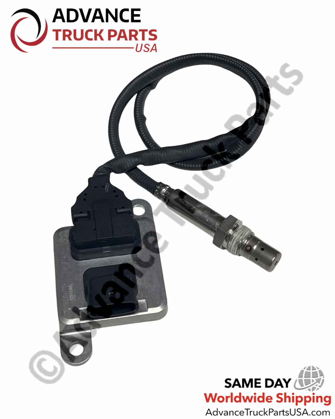 Advance Truck Parts USA Cummins outlet NOx sensor featuring a threaded probe tip, protective wire loom, and integrated ECU module