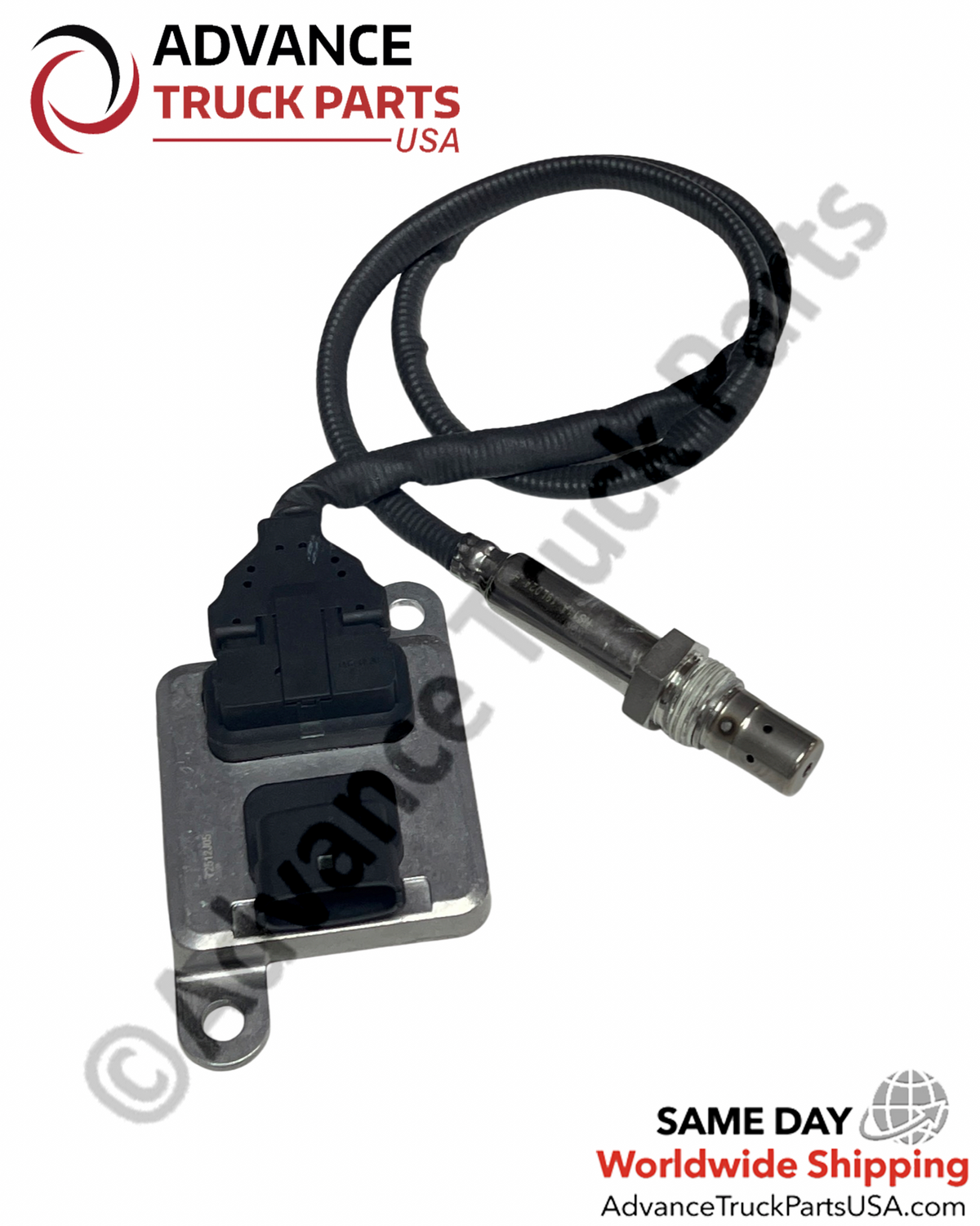 Advance Truck Parts USA Cummins outlet NOx sensor featuring a threaded probe tip, protective wire loom, and integrated ECU module