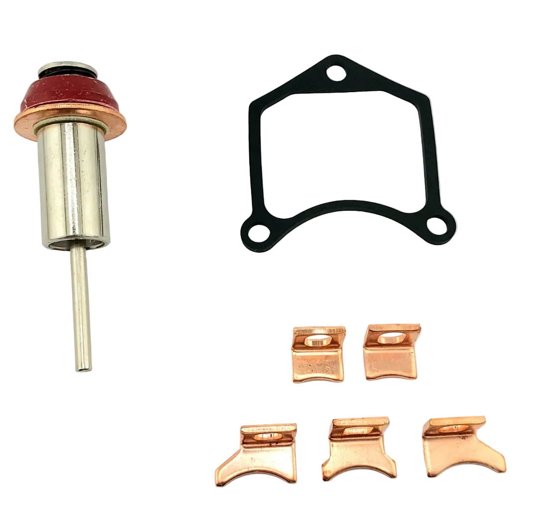 Advance Truck Parts Denso repair kit for 0.8 to 2KW starters showing a clean studio view of the plunger, curve gasket, and copper contacts on a plain white background
