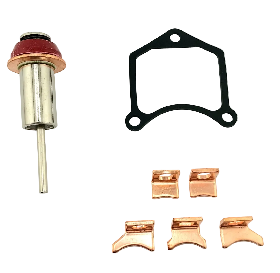 Advance Truck Parts Denso repair kit for 0.8 to 2KW starters showing a clean studio view of the plunger, curve gasket, and copper contacts on a plain white background