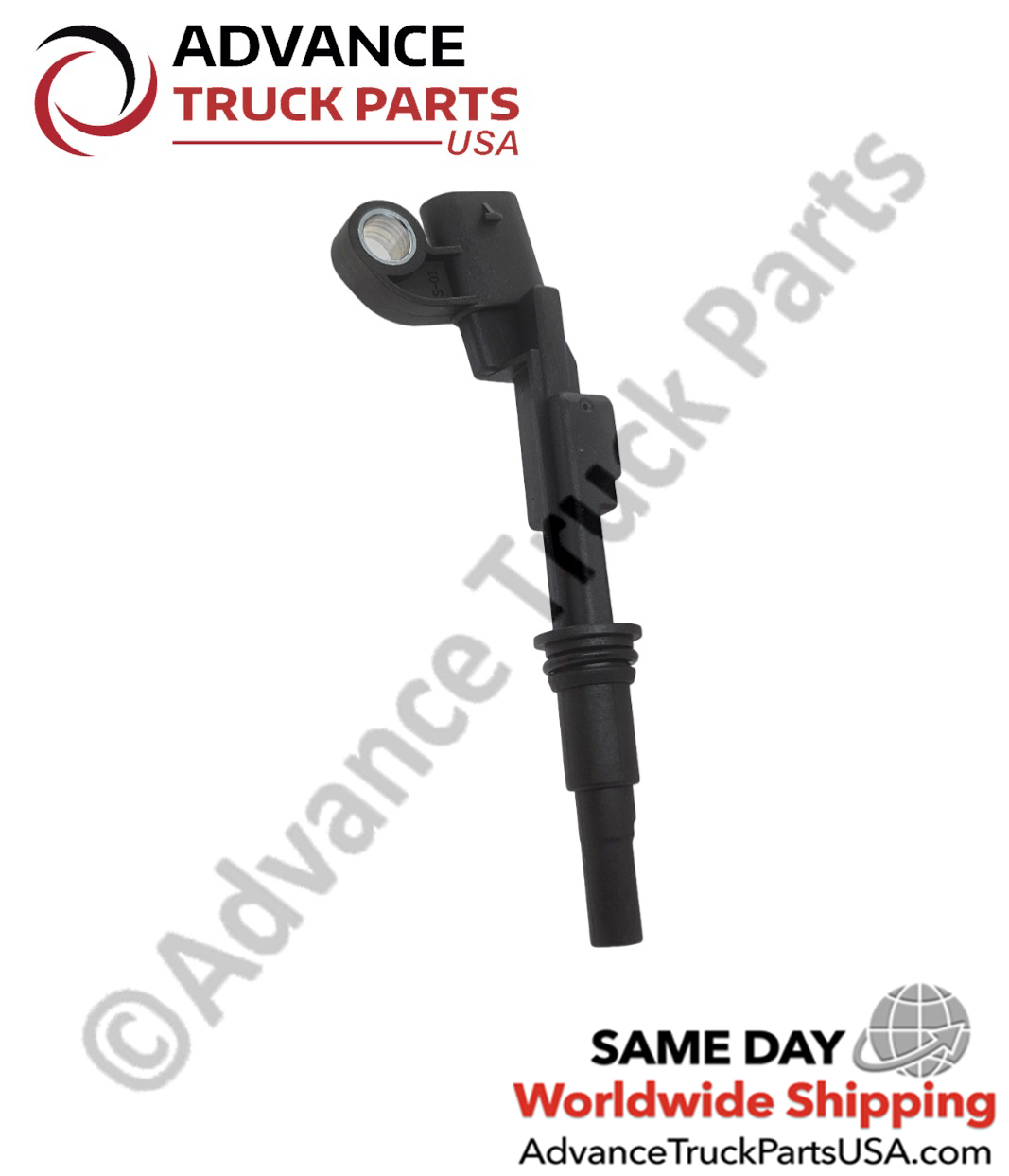 Advance Truck Parts USA Detroit DD13 water pump speed sensor displaying a side studio perspective of the mounting tab, O-ring seal, and probe housing 