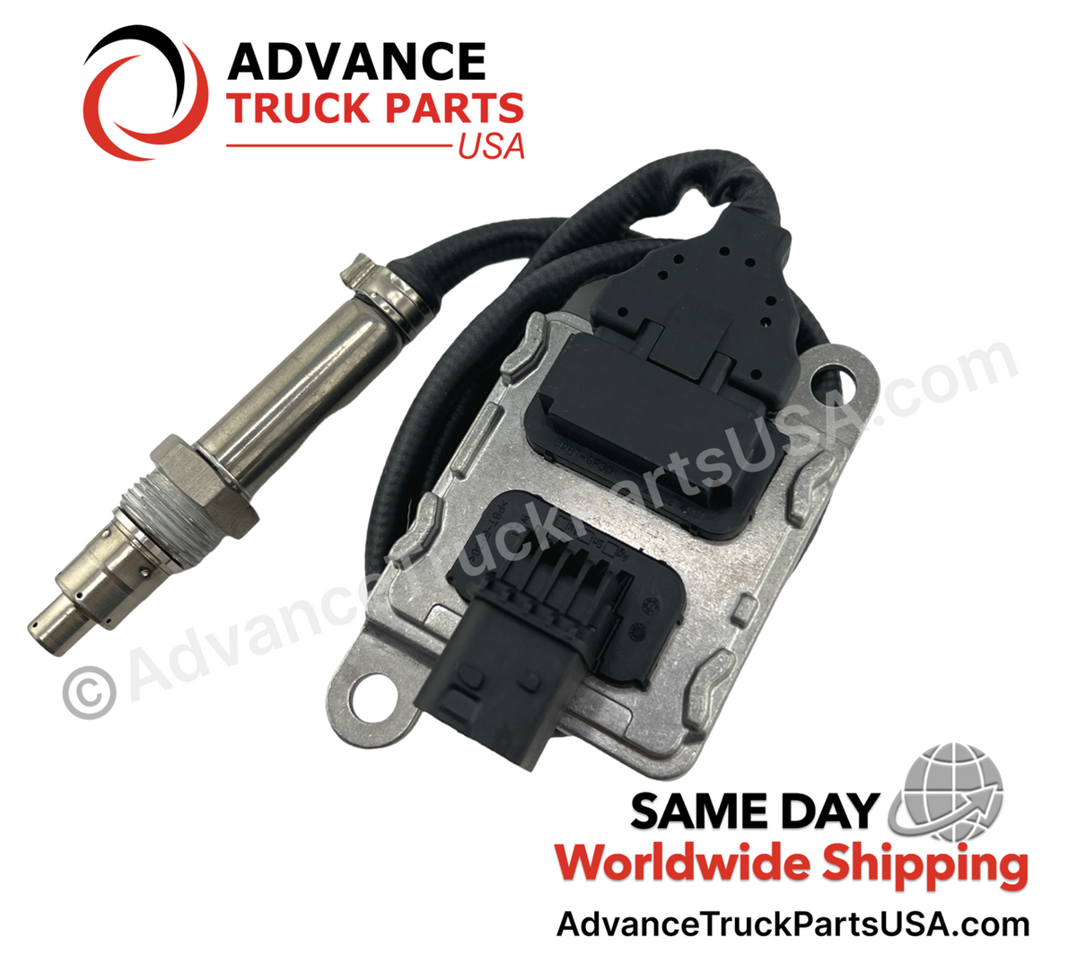 Advance Truck Parts USA Freightliner Detroit Diesel nitrogen oxide sensor showing a studio perspective of the electronic control module and threaded probe on a branded background