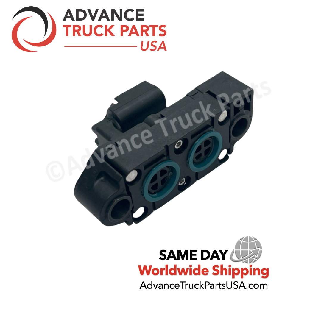 Advance Truck Parts USA Detroit Diesel EGR delta pressure sensor showing a close-up studio perspective of the black plastic housing and dual inlet ports with green seals