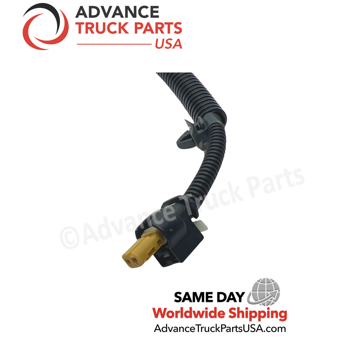 Advance Truck Parts USA exhaust gas temperature sensor displaying a studio view of the 2-pin electrical connector plug and wiring harness sleeve