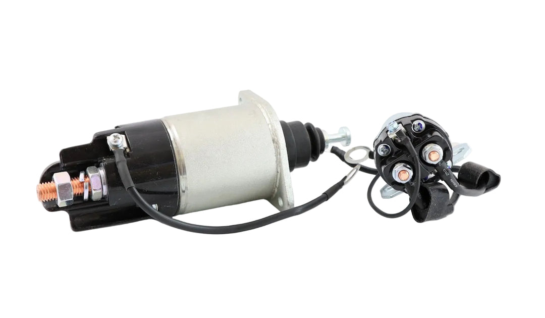 Advance Truck Parts USA 39MT Freightliner starter solenoid and relay kit showing a close-up studio perspective of the starter solenoid, relay switch, and connected wiring harness
