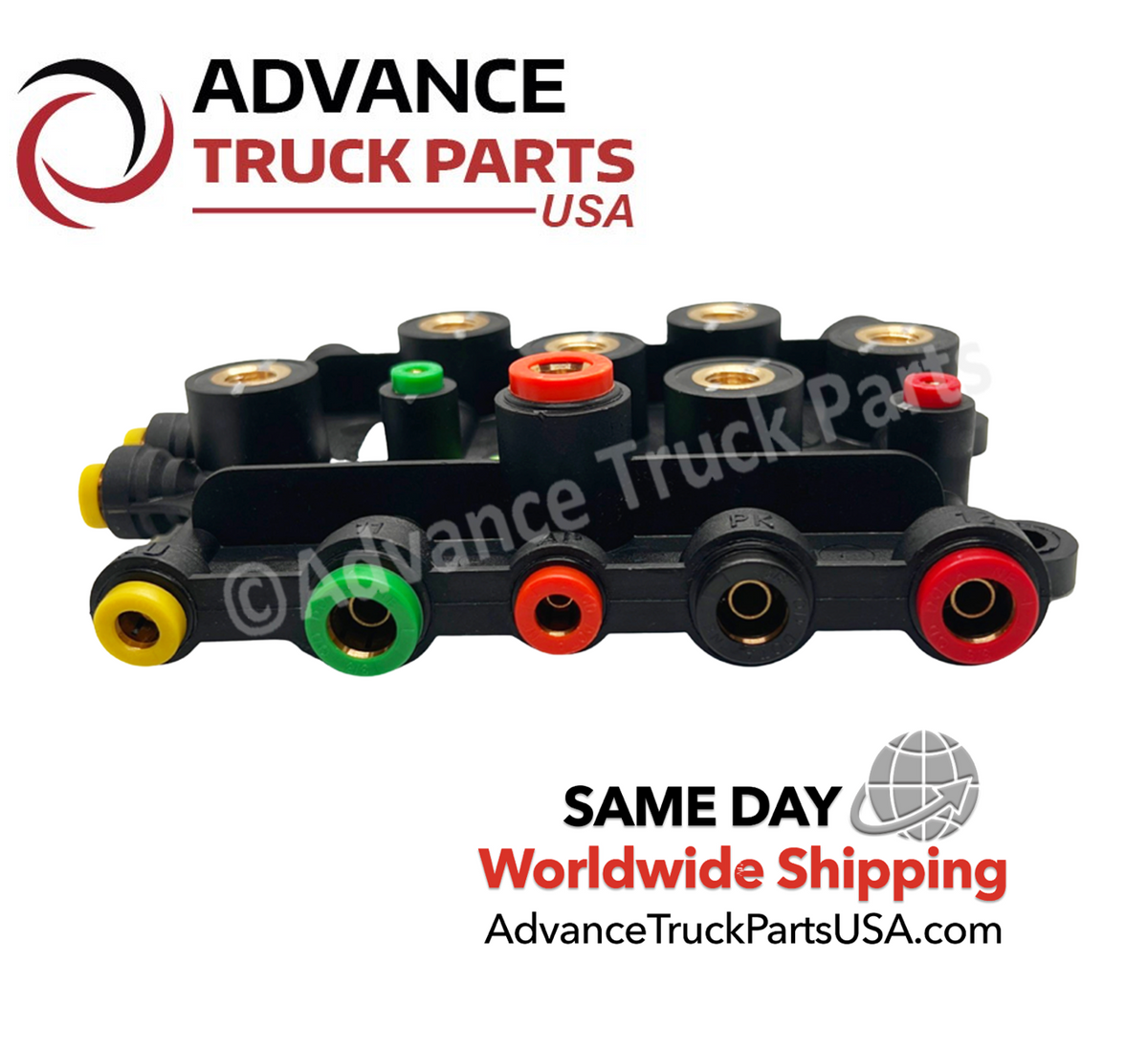 Advance Truck Parts USA Freightliner air manifold junction box displaying a profile studio view of the side ports and colored release rings