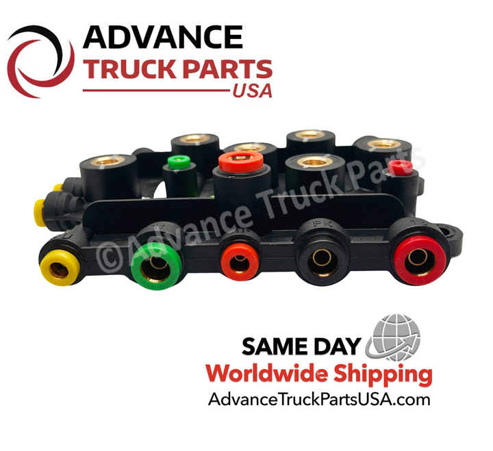Advance Truck Parts USA Freightliner air manifold junction box displaying a profile studio view of the side ports and colored release rings