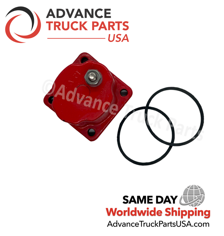 Advance Truck Parts USA 12V Cummins fuel stop shut off solenoid valve displaying a top-down angled perspective of the flange and terminal