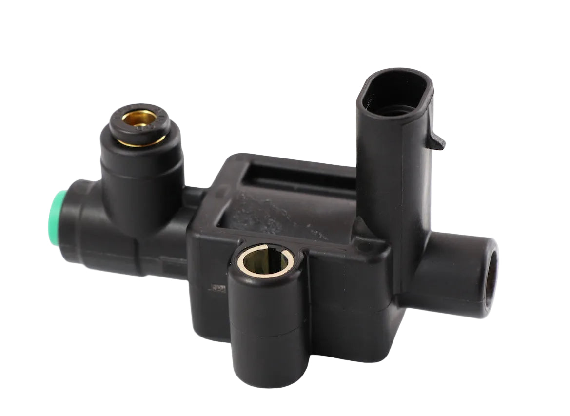 Advance Truck Parts USA G90-6051 fan clutch solenoid valve with black plastic housing and pneumatic fittings on a plain background