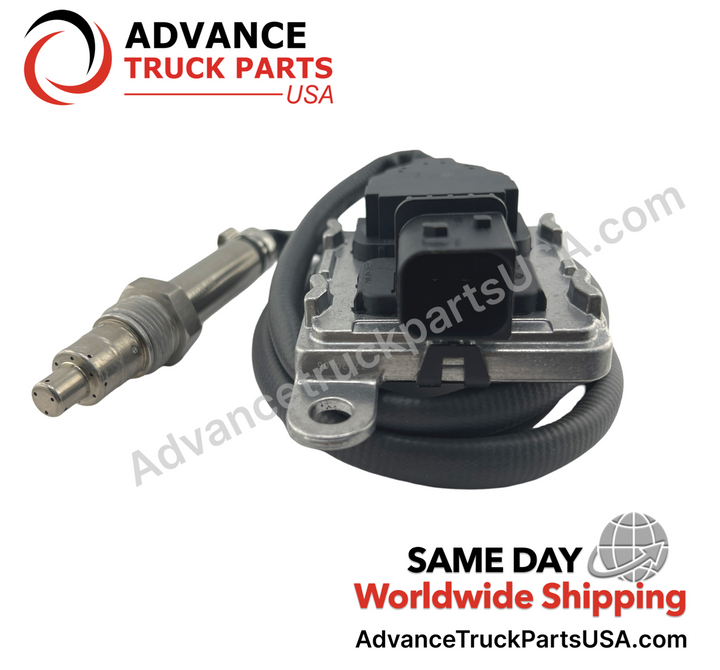 Advance Truck Parts USA inlet nitrogen oxide sensor showing a studio view of the complete assembly including the coiled wiring harness, control module, and probe