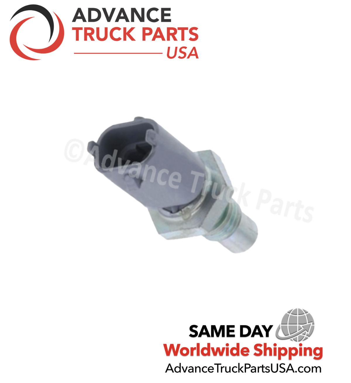 Advance Truck Parts USA International ECT and EOT temperature sensor displaying an angled studio view of the sensor housing with branding overlay