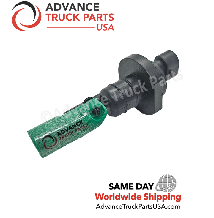 Advance Truck Parts USA washer fluid low level sensor for International trucks showcasing the black plastic body, mounting flange, and the branded green pivoting float arm