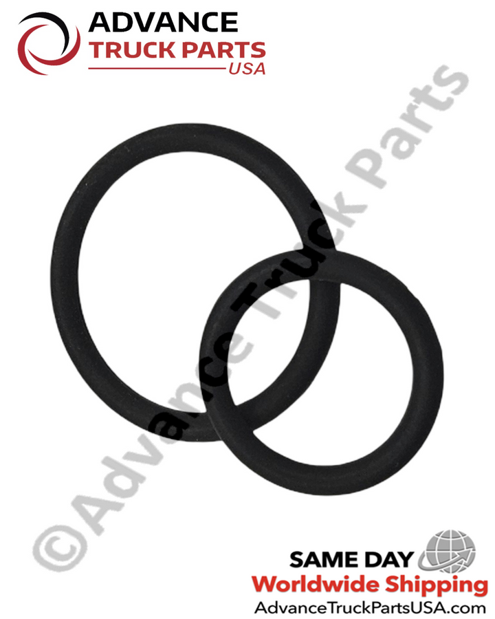 Advance Truck Parts USA Jake Brake solenoid valve seal kit displaying an angled studio view of the two black sealing rings 