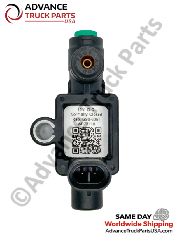 Advance Truck Parts USA solenoid valve showing the specification label and QR code on a branded background