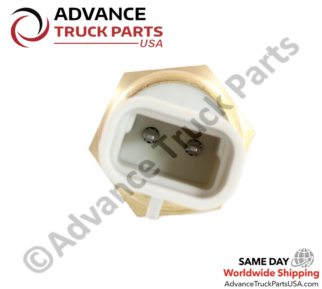 Advance Truck Parts USA Freightliner low coolant sensor showing a close-up studio perspective of the electrical connector terminal pins within the white housing 