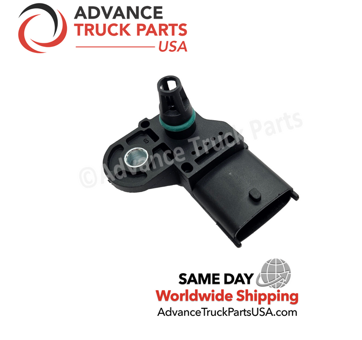 Advance Truck Parts USA Mack and Volvo boost pressure sensor showing a top-down angled studio view of the complete assembly on a branded background